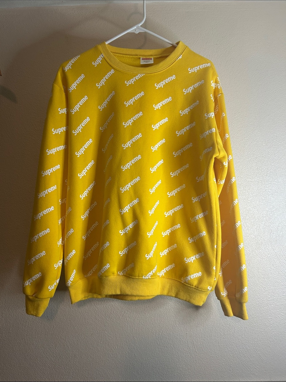 Supreme All-Over White Logo Yellow Crewneck Sweatshirt